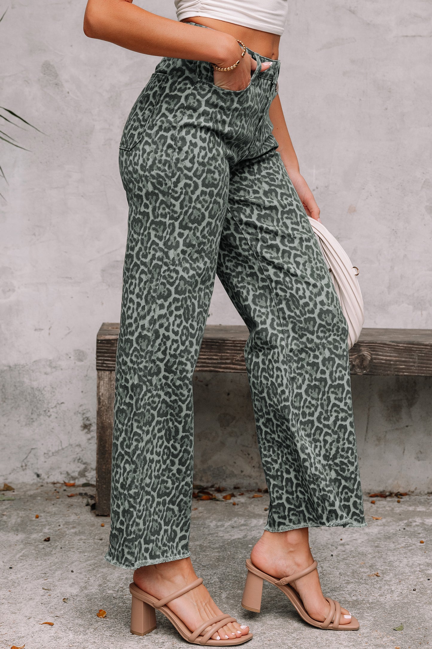 Rose Leopard Frayed Edge Wide Leg High Waist Jeans