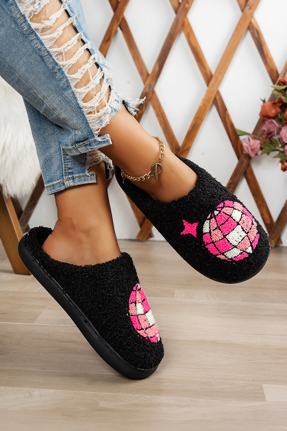 White Disco Ball Print Fuzzy Winter House Slippers