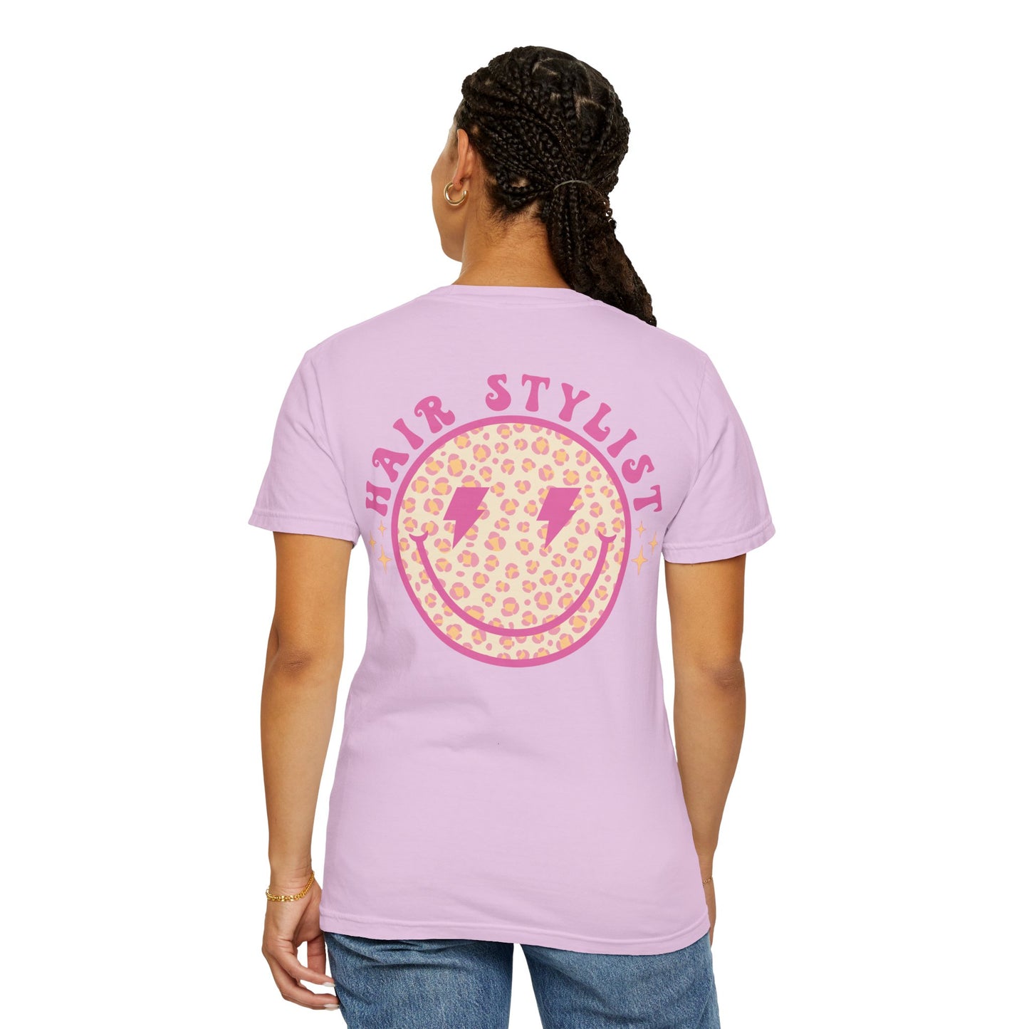 Hair Stylist Smiley T-Shirt — Pink Leopard Smiley Tee for Hairdressers