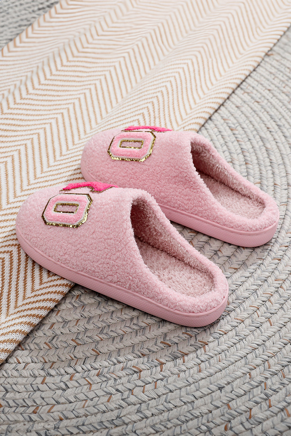 White XO XO Glitter Trim Letter Patched Plush House Slippers