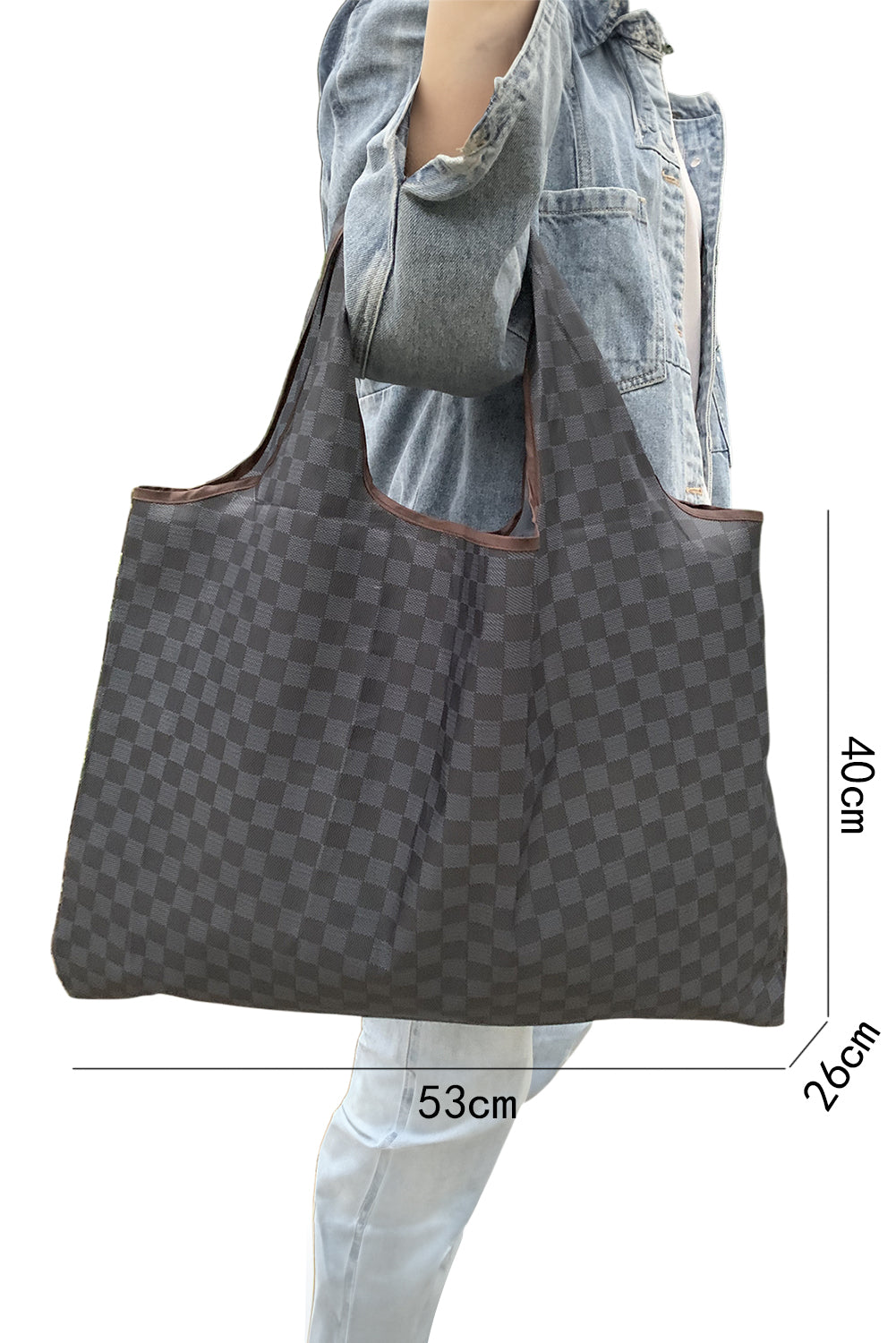 Coffee Trendy Checkered Pattern Large Portable Tote Bag