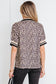 Khaki Leopard Print Half Zip Striped Trim Patchwork Short Sleeve Top