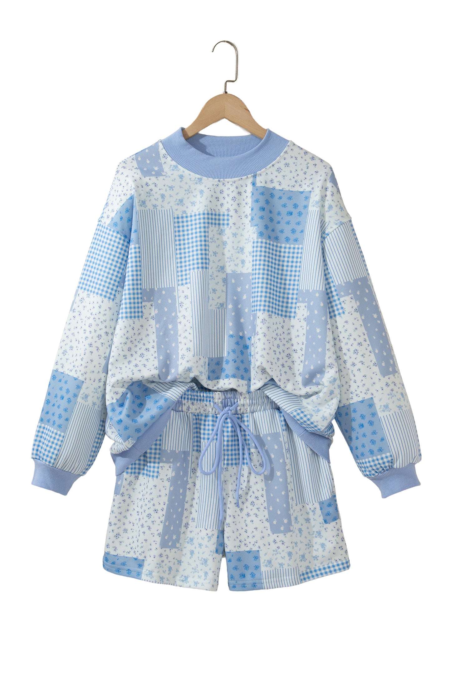 Sky Blue Patchwork Floral Print Drop Shoulder Baggy Pullover Drawstring Shorts Set