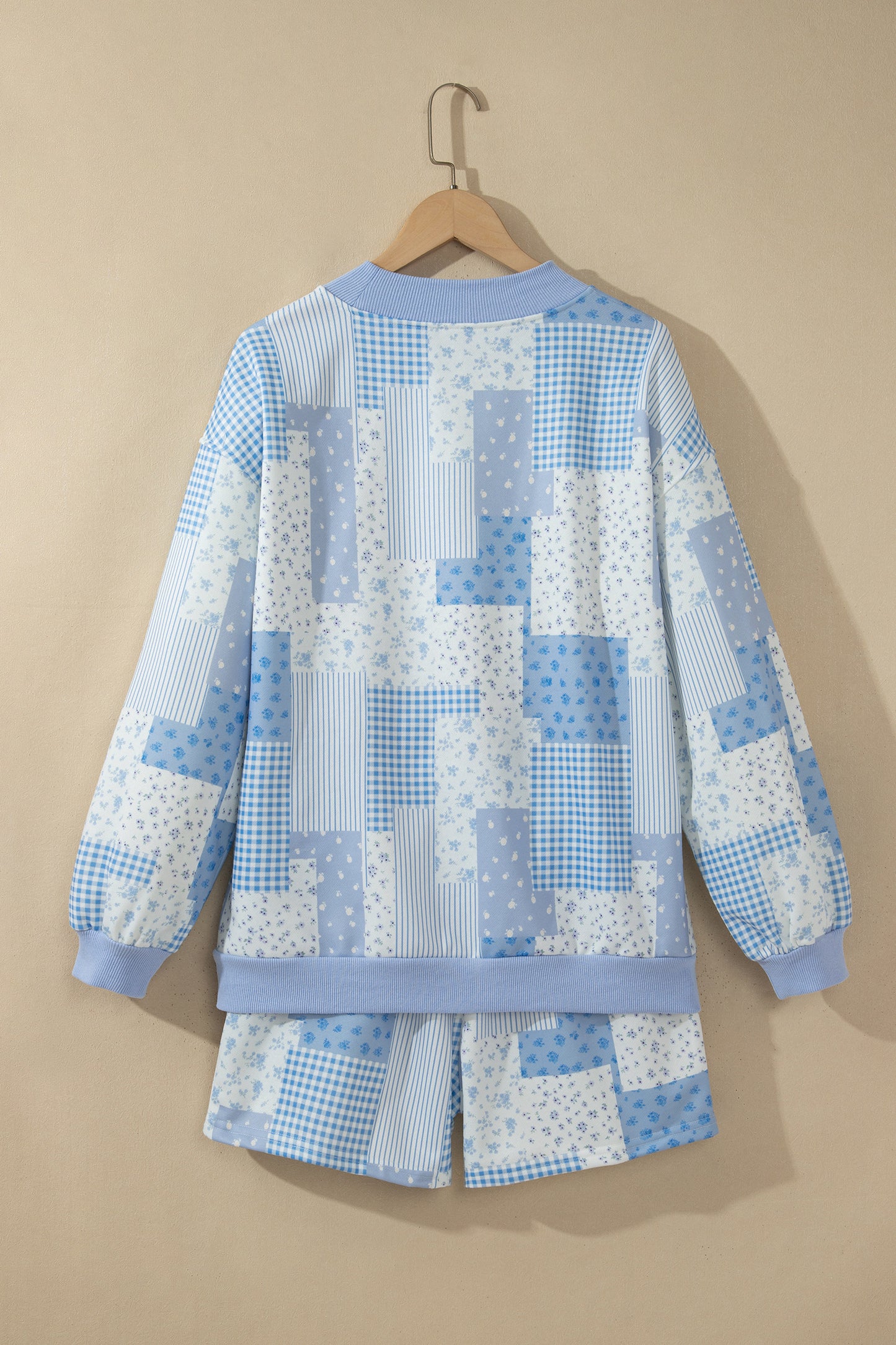 Sky Blue Patchwork Floral Print Drop Shoulder Baggy Pullover Drawstring Shorts Set