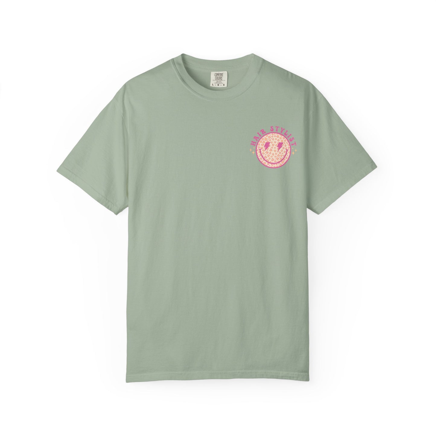 Hair Stylist Smiley T-Shirt — Pink Leopard Smiley Tee for Hairdressers