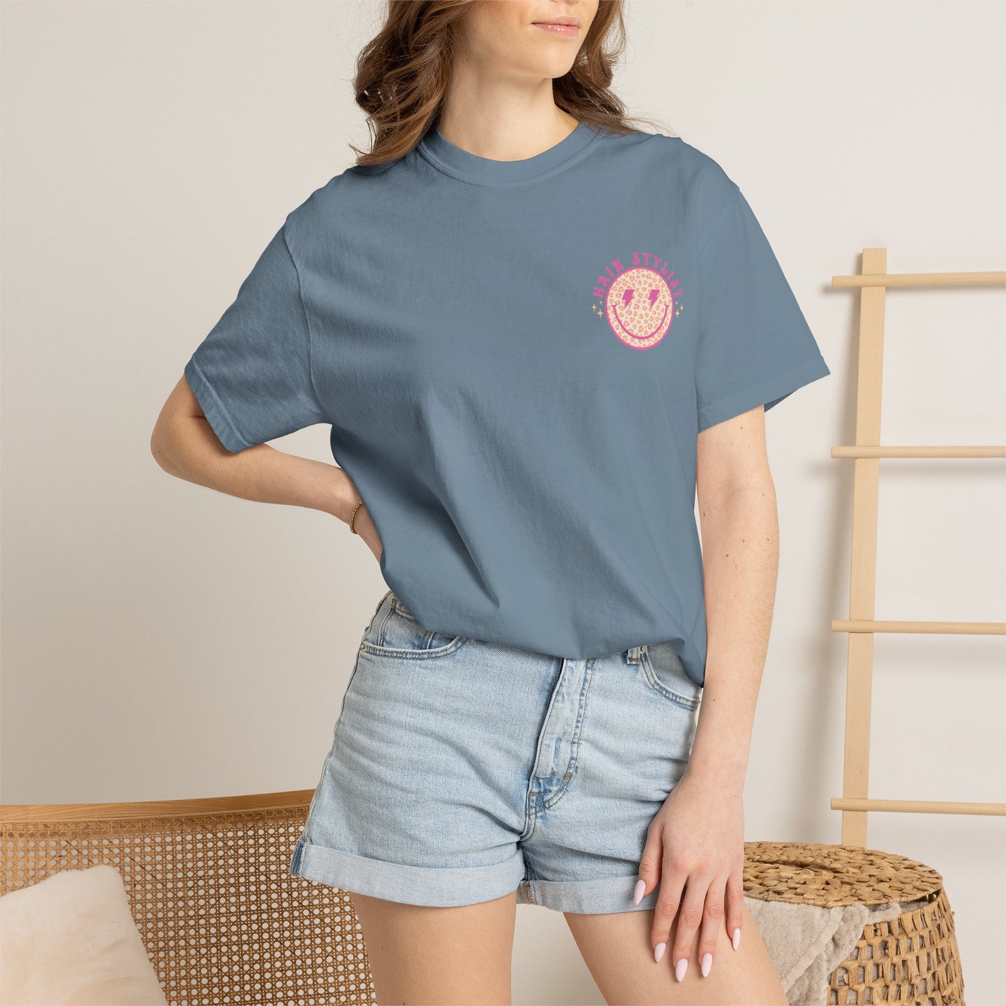 Hair Stylist Smiley T-Shirt — Pink Leopard Smiley Tee for Hairdressers