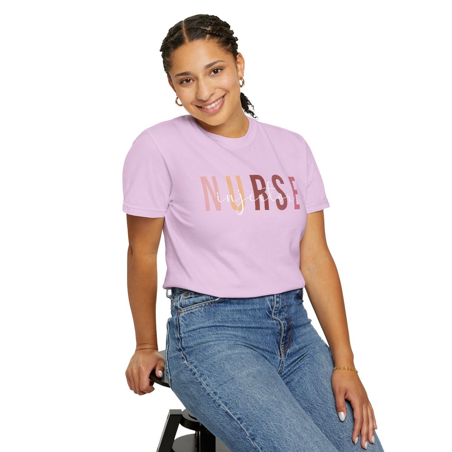 Nurse Injector Vibes Garment-Dyed T-Shirt — 'NURSE' Pastel Block & Script Design