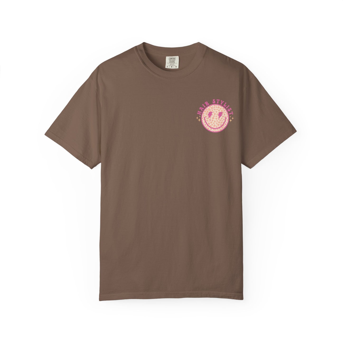 Hair Stylist Smiley T-Shirt — Pink Leopard Smiley Tee for Hairdressers