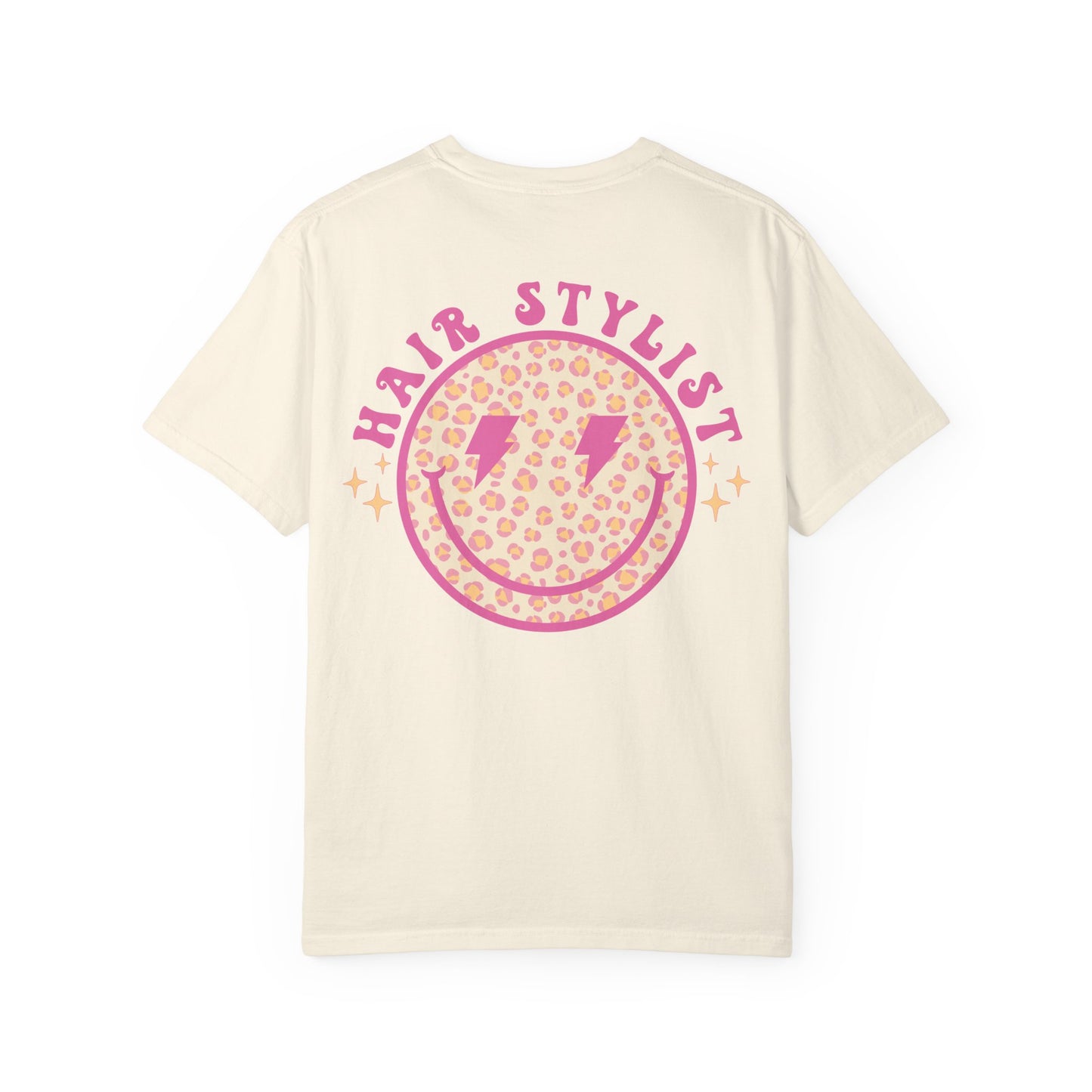 Hair Stylist Smiley T-Shirt — Pink Leopard Smiley Tee for Hairdressers