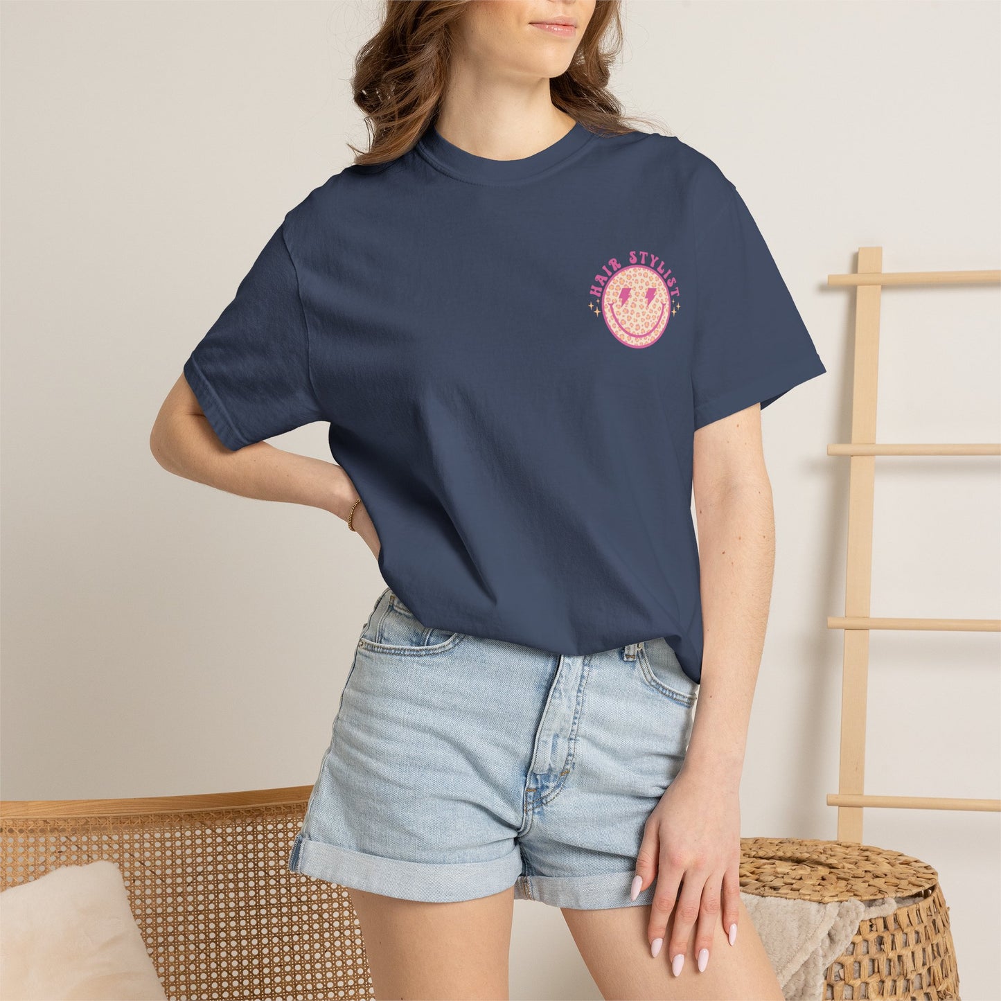 Hair Stylist Smiley T-Shirt — Pink Leopard Smiley Tee for Hairdressers