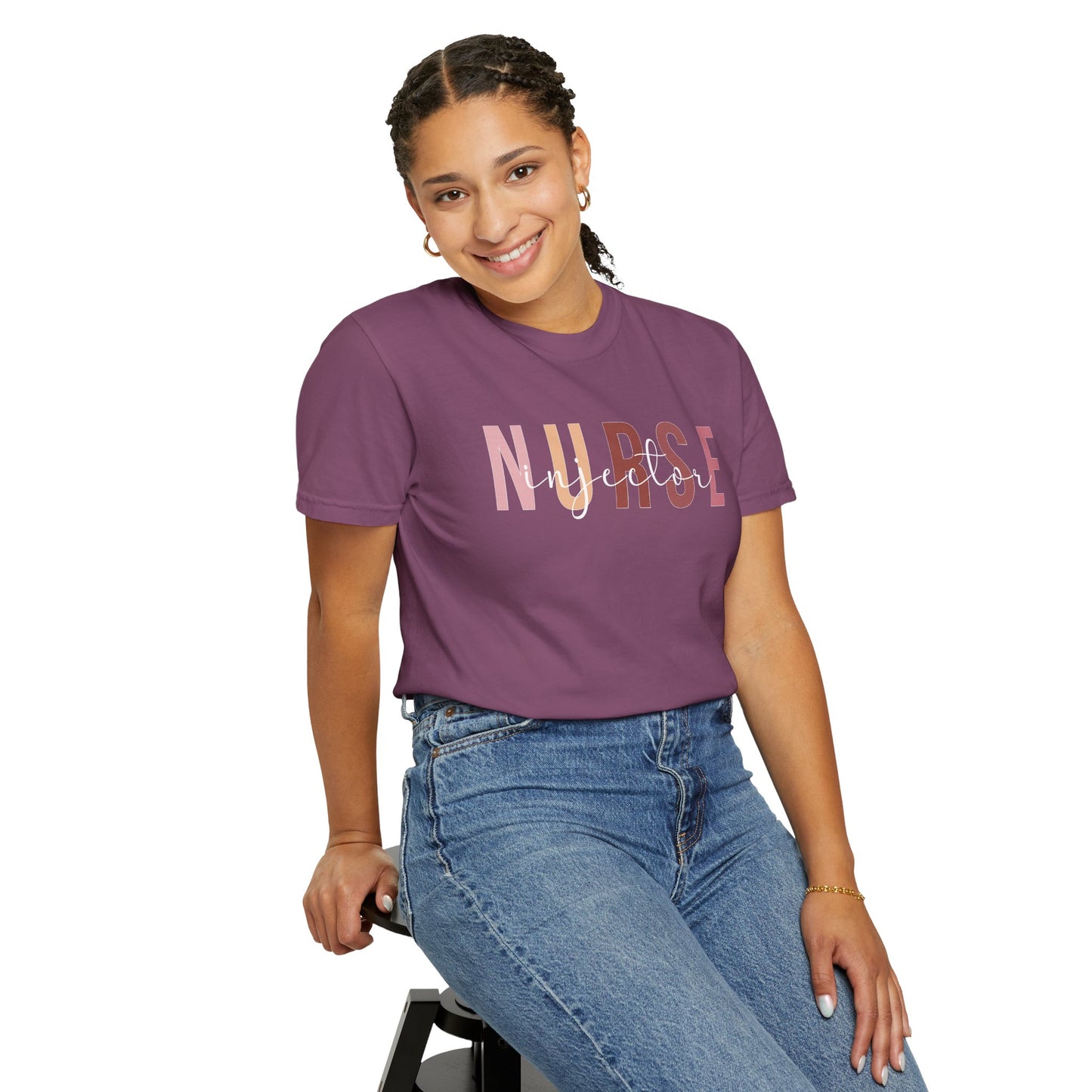 Nurse Injector Vibes Garment-Dyed T-Shirt — 'NURSE' Pastel Block & Script Design