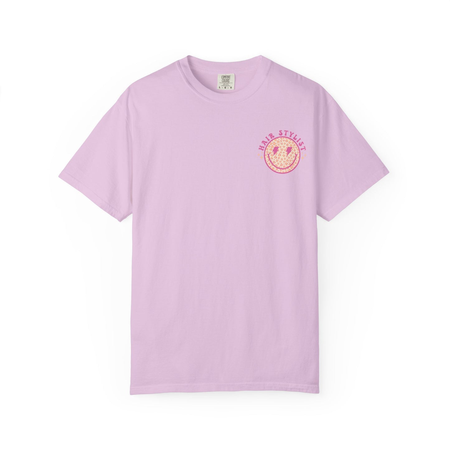 Hair Stylist Smiley T-Shirt — Pink Leopard Smiley Tee for Hairdressers
