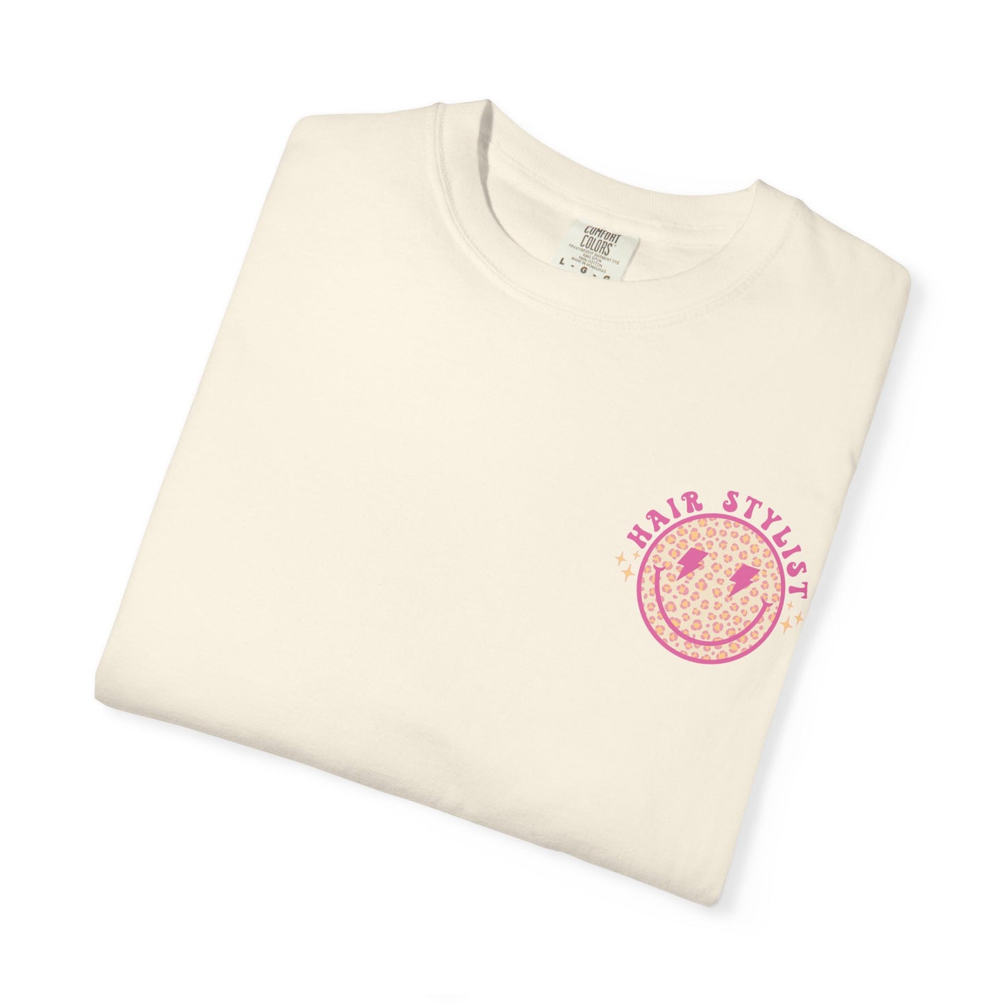 Hair Stylist Smiley T-Shirt — Pink Leopard Smiley Tee for Hairdressers