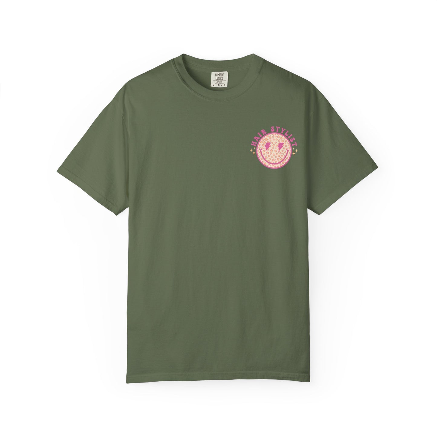 Hair Stylist Smiley T-Shirt — Pink Leopard Smiley Tee for Hairdressers