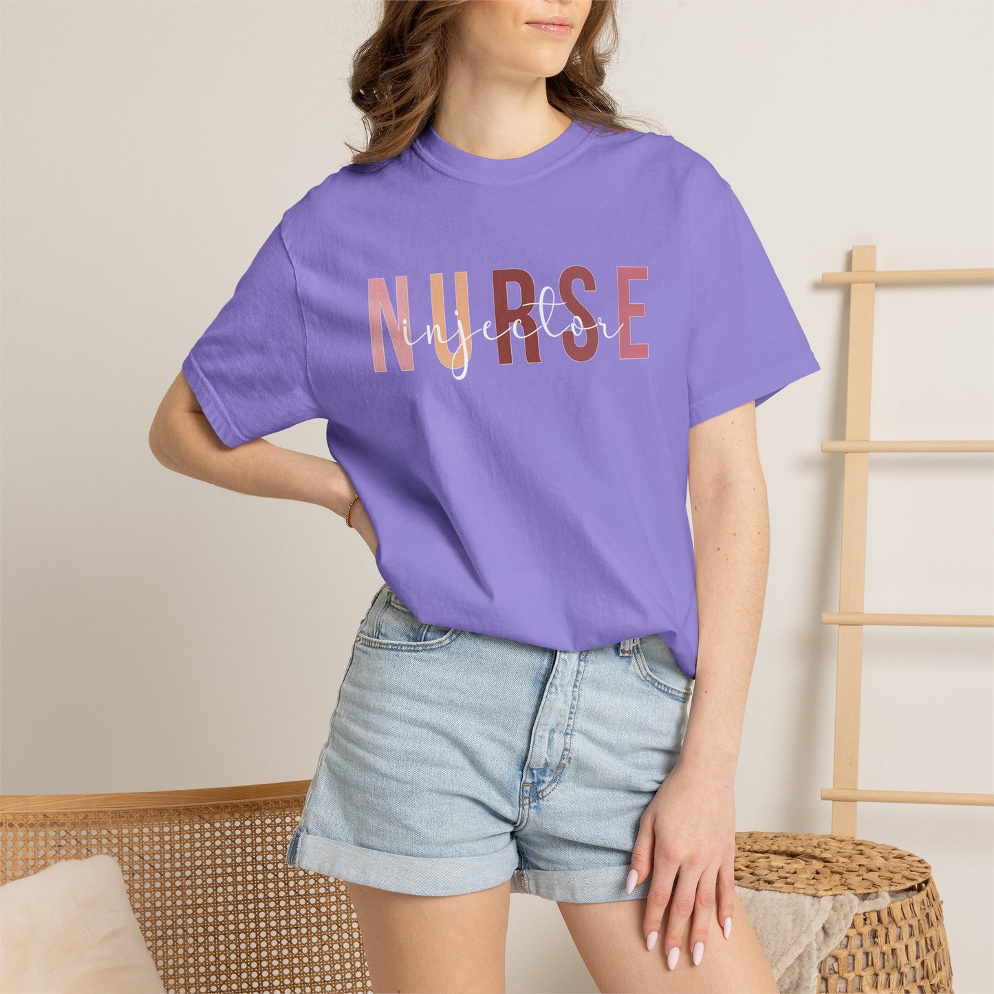 Nurse Injector Vibes Garment-Dyed T-Shirt — 'NURSE' Pastel Block & Script Design