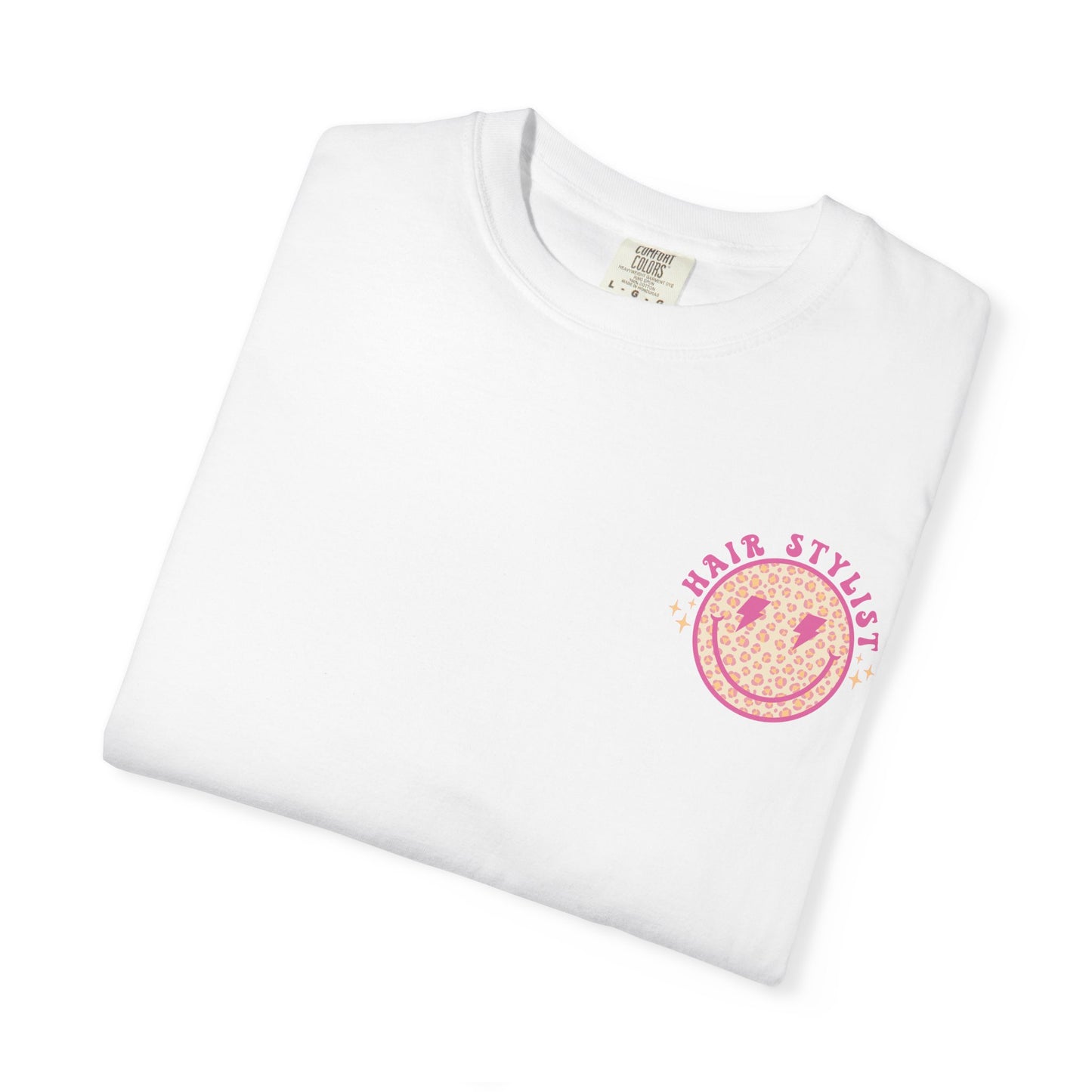 Hair Stylist Smiley T-Shirt — Pink Leopard Smiley Tee for Hairdressers