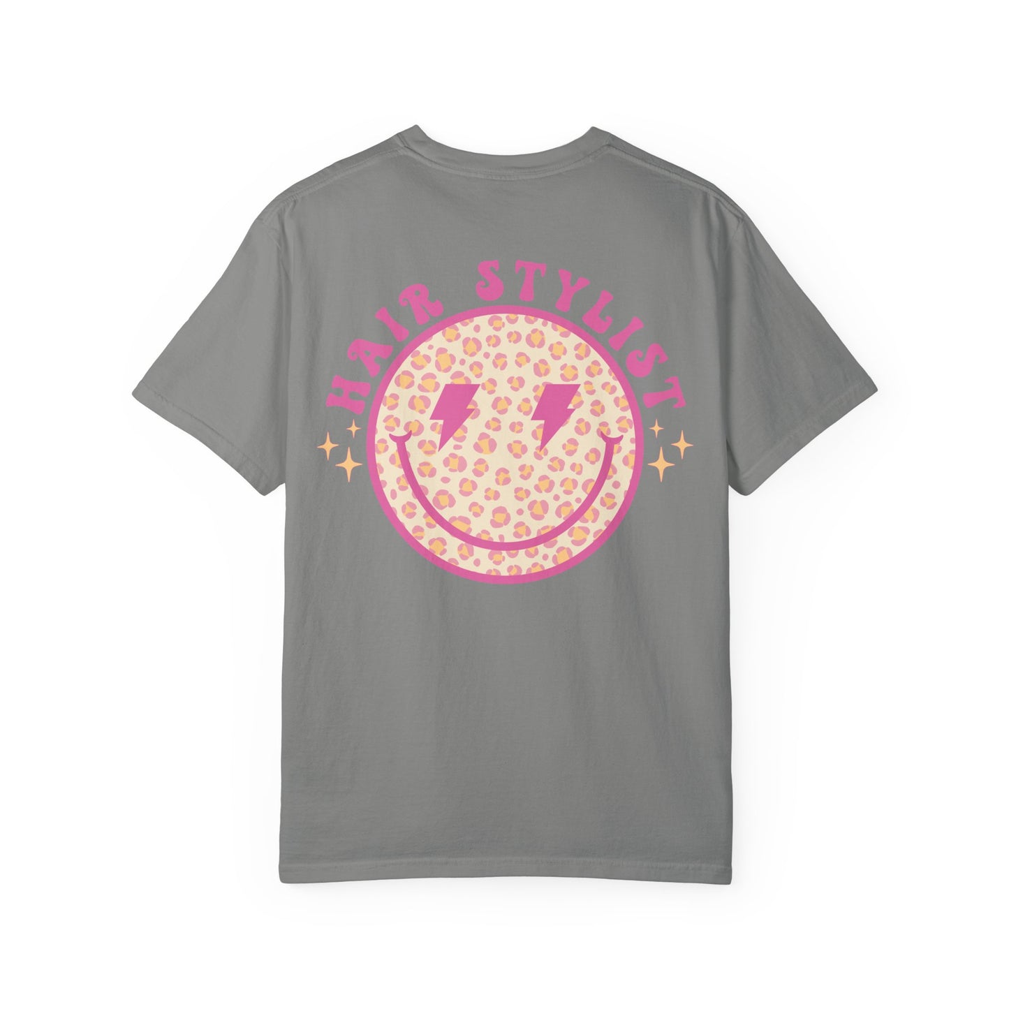 Hair Stylist Smiley T-Shirt — Pink Leopard Smiley Tee for Hairdressers