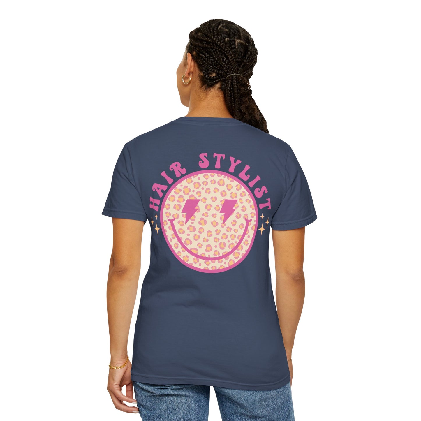 Hair Stylist Smiley T-Shirt — Pink Leopard Smiley Tee for Hairdressers