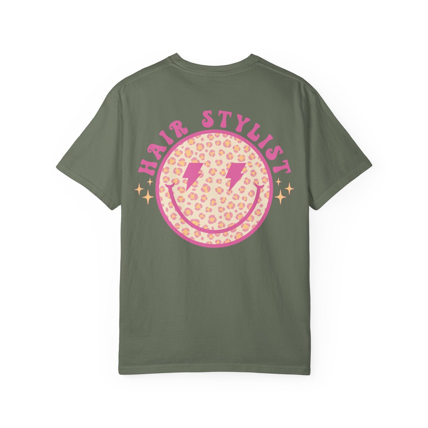 Hair Stylist Smiley T-Shirt — Pink Leopard Smiley Tee for Hairdressers