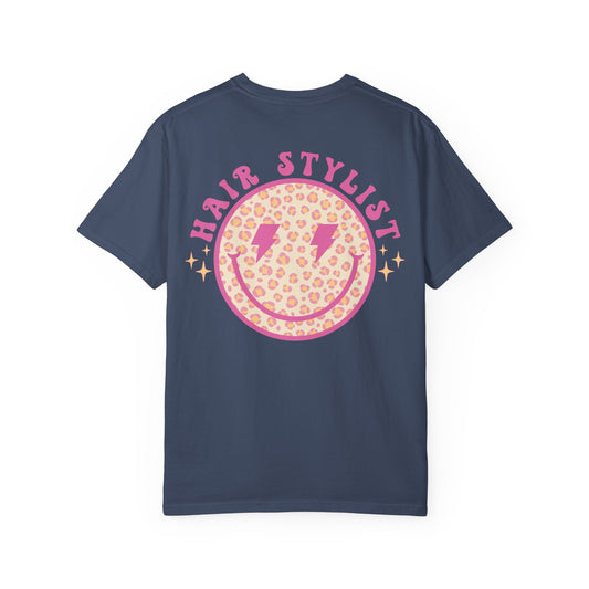 Hair Stylist Smiley T-Shirt — Pink Leopard Smiley Tee for Hairdressers