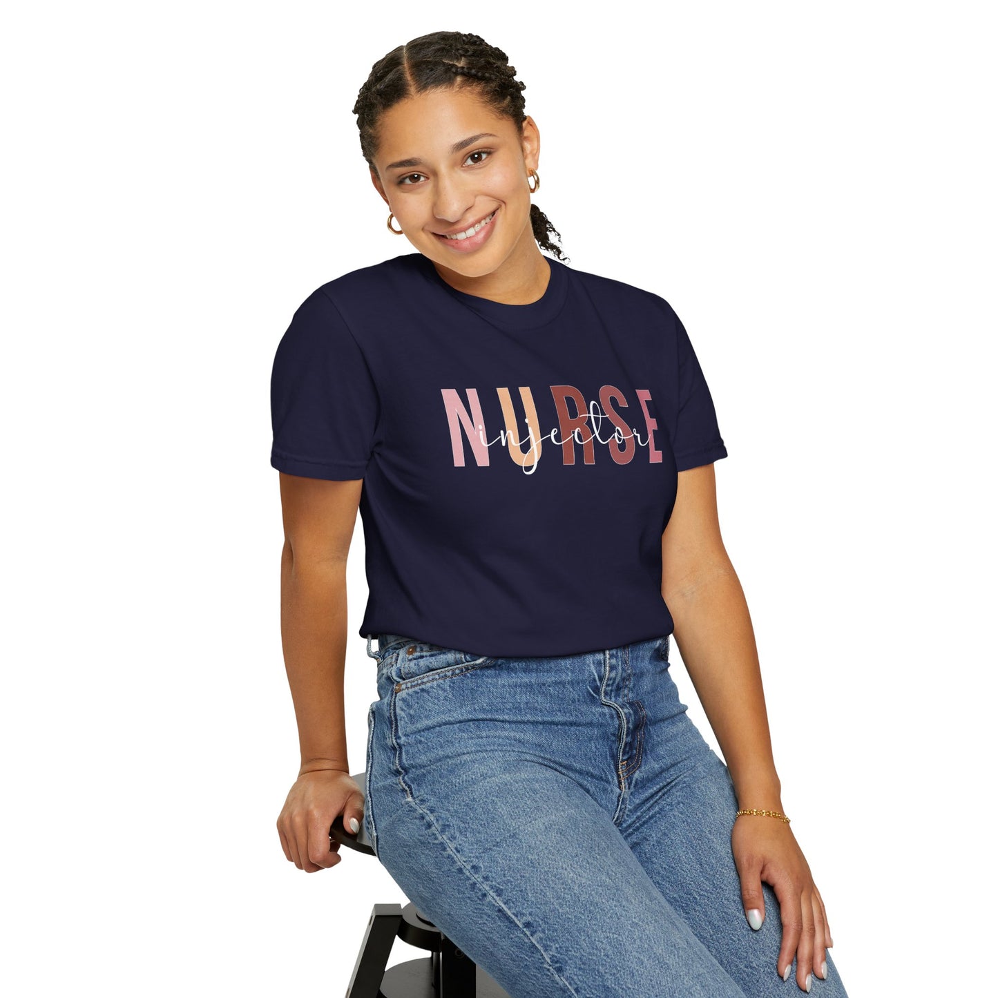 Nurse Injector Vibes Garment-Dyed T-Shirt — 'NURSE' Pastel Block & Script Design