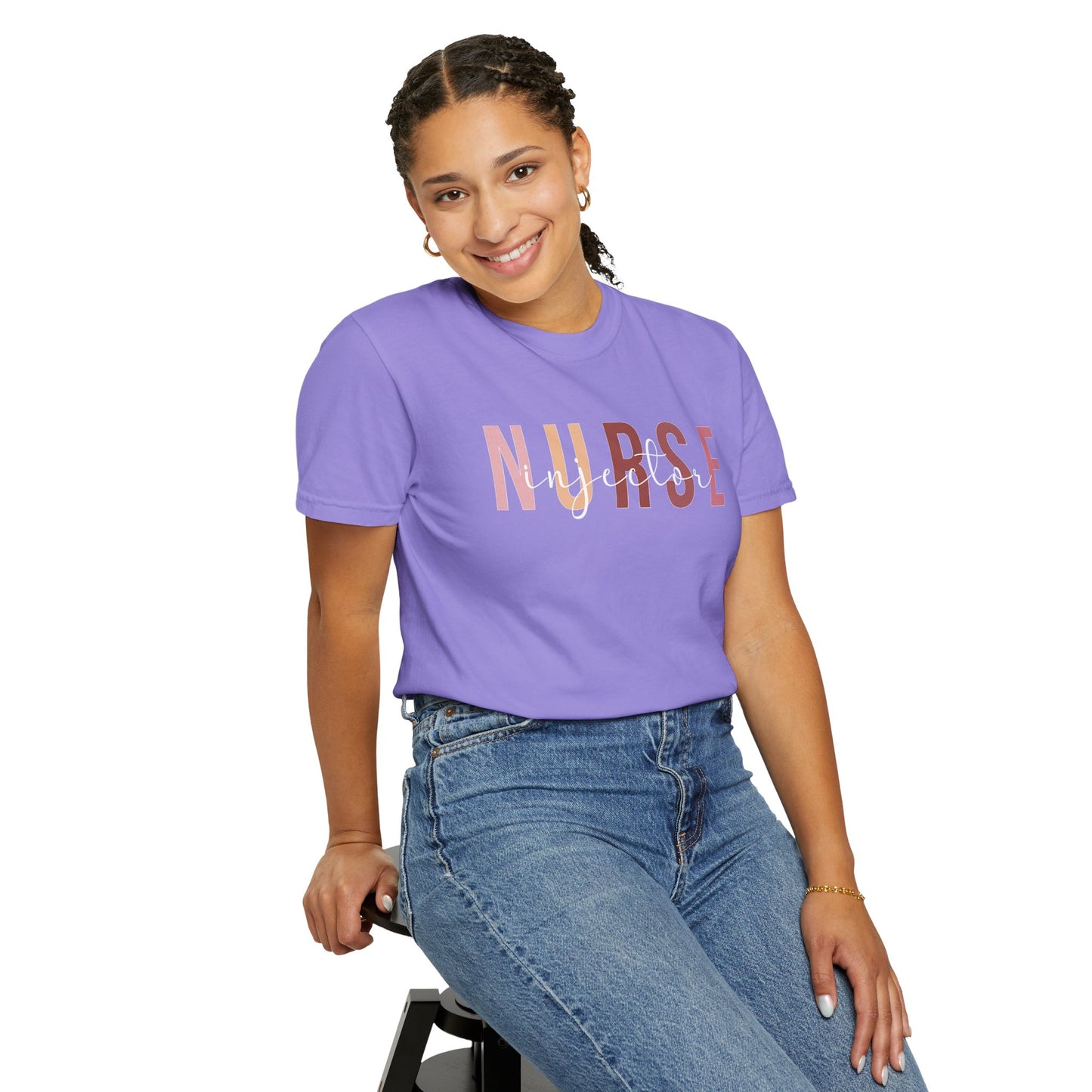 Nurse Injector Vibes Garment-Dyed T-Shirt — 'NURSE' Pastel Block & Script Design