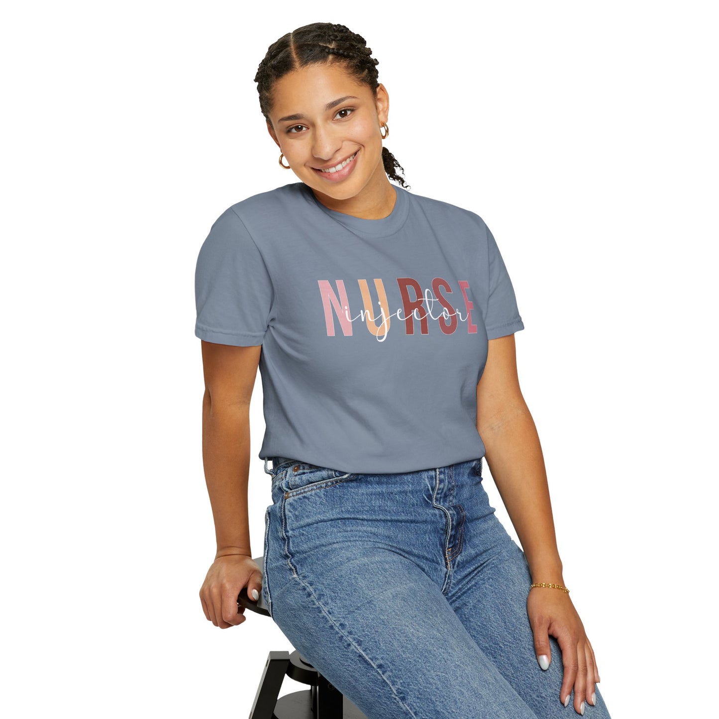 Nurse Injector Vibes Garment-Dyed T-Shirt — 'NURSE' Pastel Block & Script Design