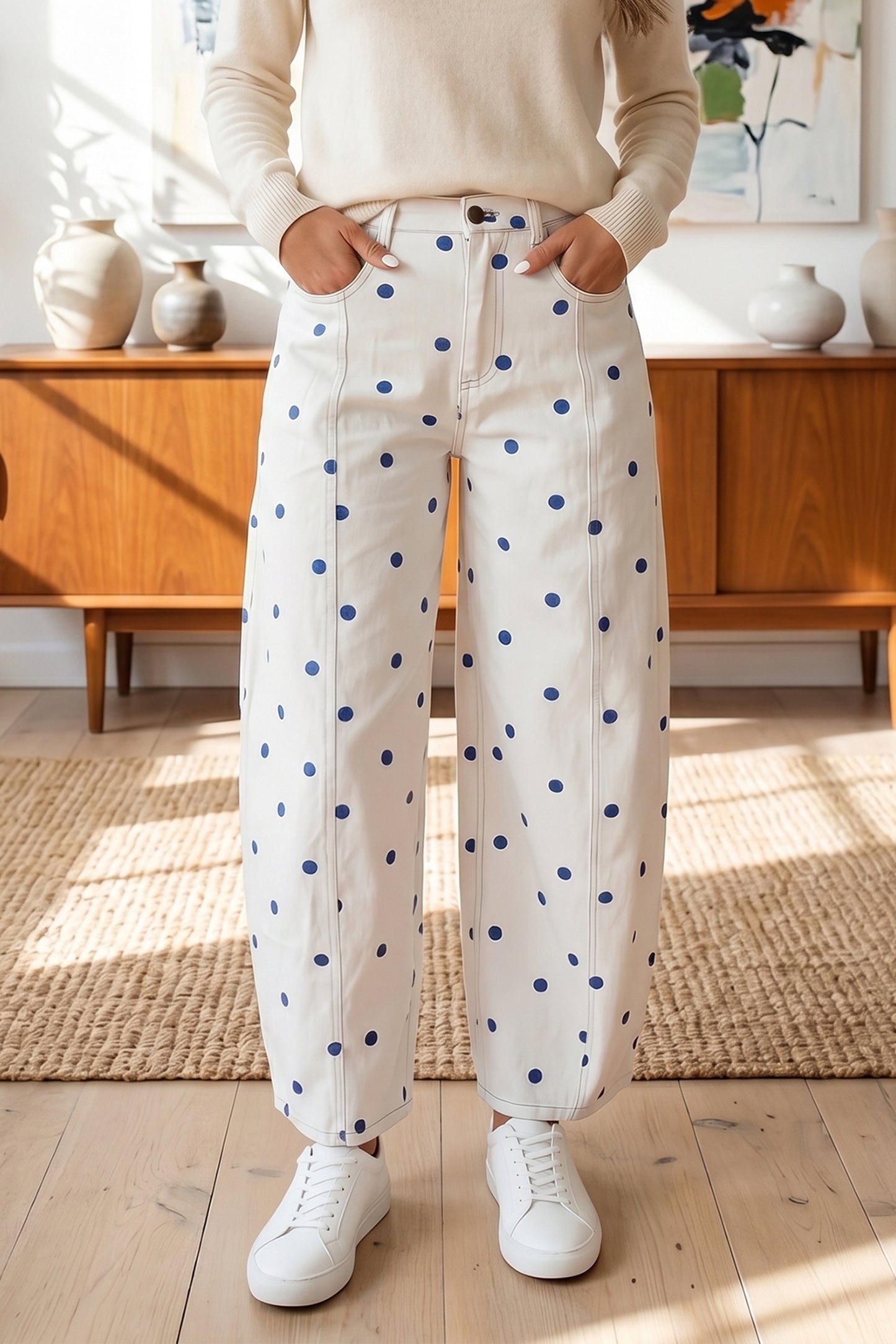 Brown Tailored Seam Polka Dot Print Barrel Casual Jeans