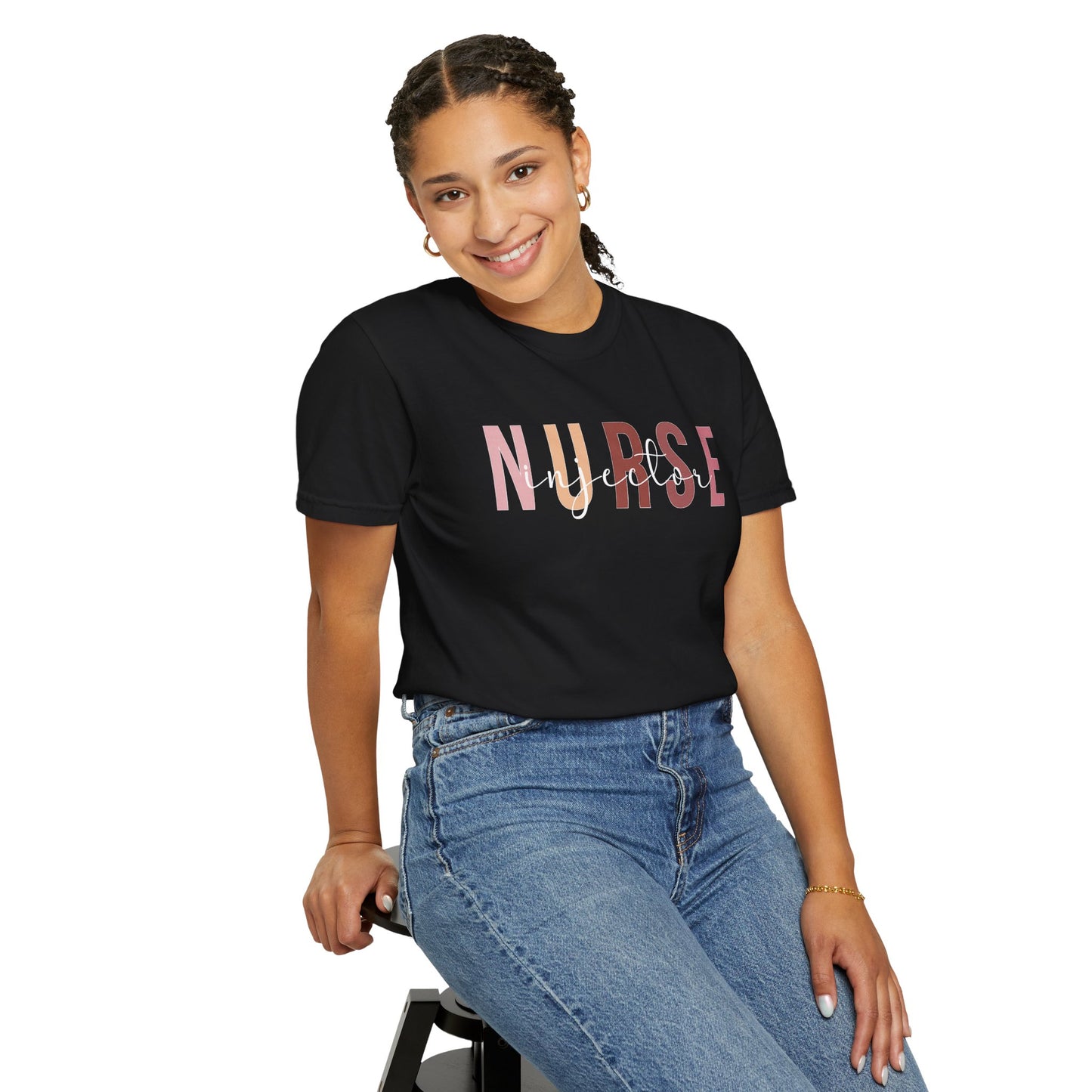 Nurse Injector Vibes Garment-Dyed T-Shirt — 'NURSE' Pastel Block & Script Design