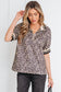 Khaki Leopard Print Half Zip Striped Trim Patchwork Short Sleeve Top