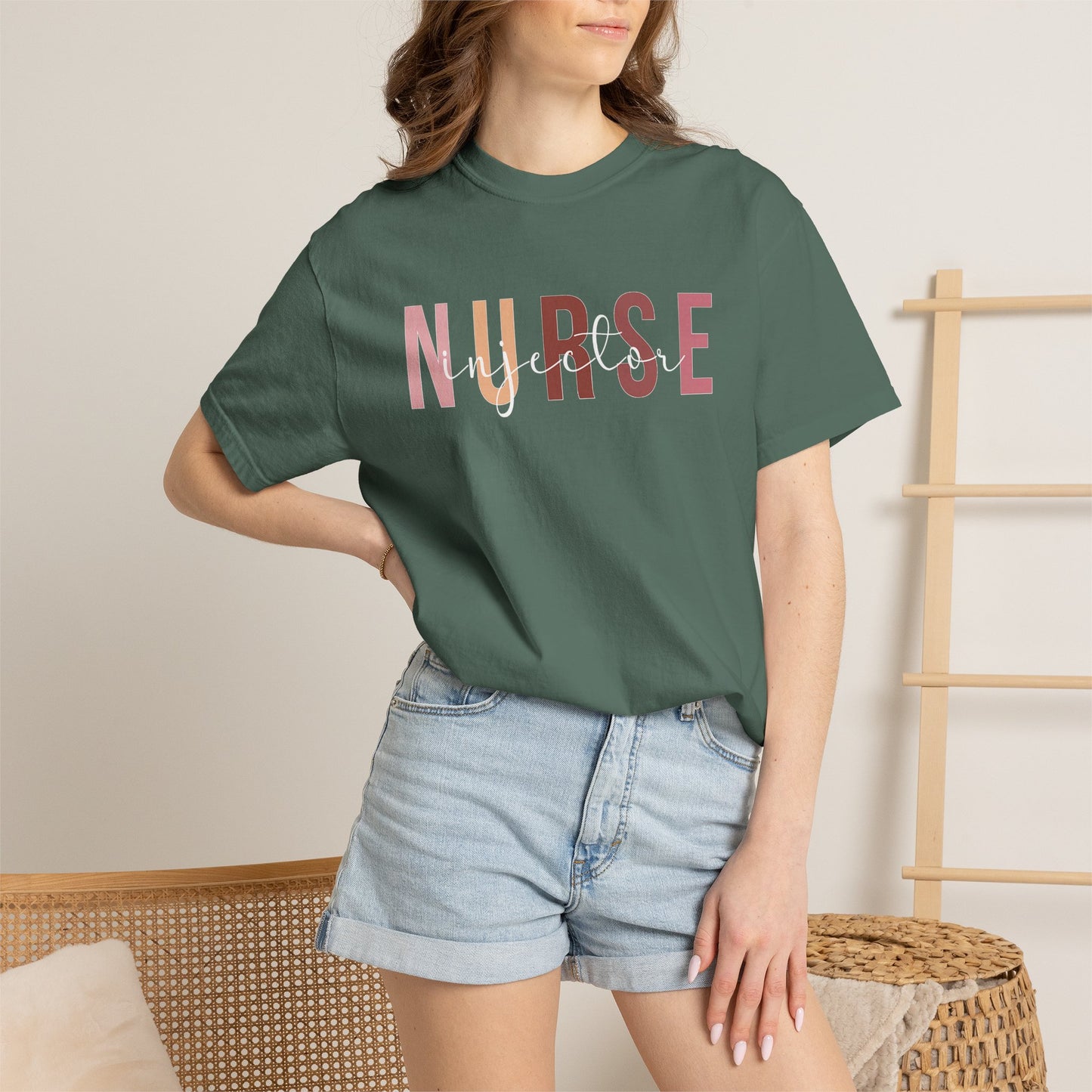 Nurse Injector Vibes Garment-Dyed T-Shirt — 'NURSE' Pastel Block & Script Design