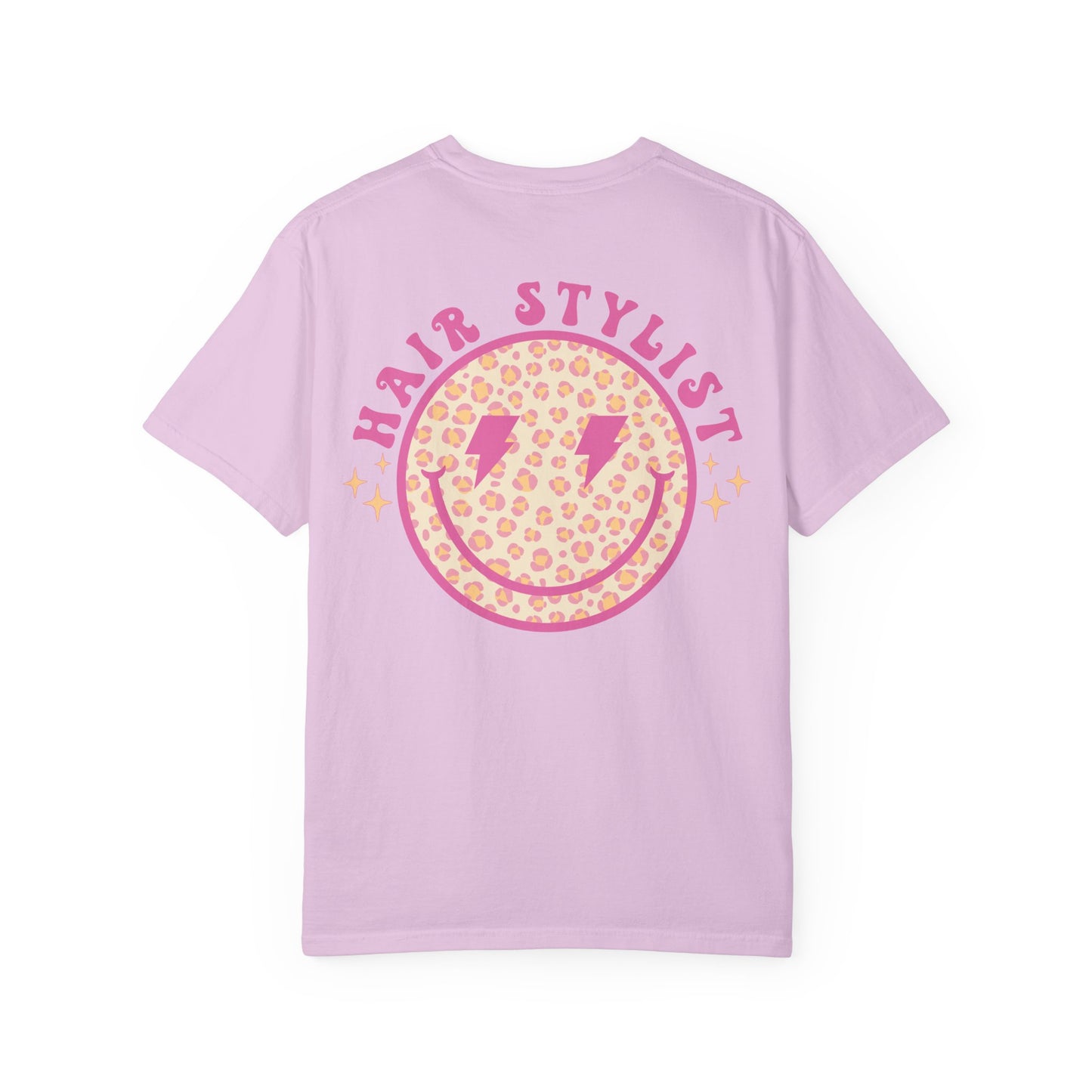 Hair Stylist Smiley T-Shirt — Pink Leopard Smiley Tee for Hairdressers