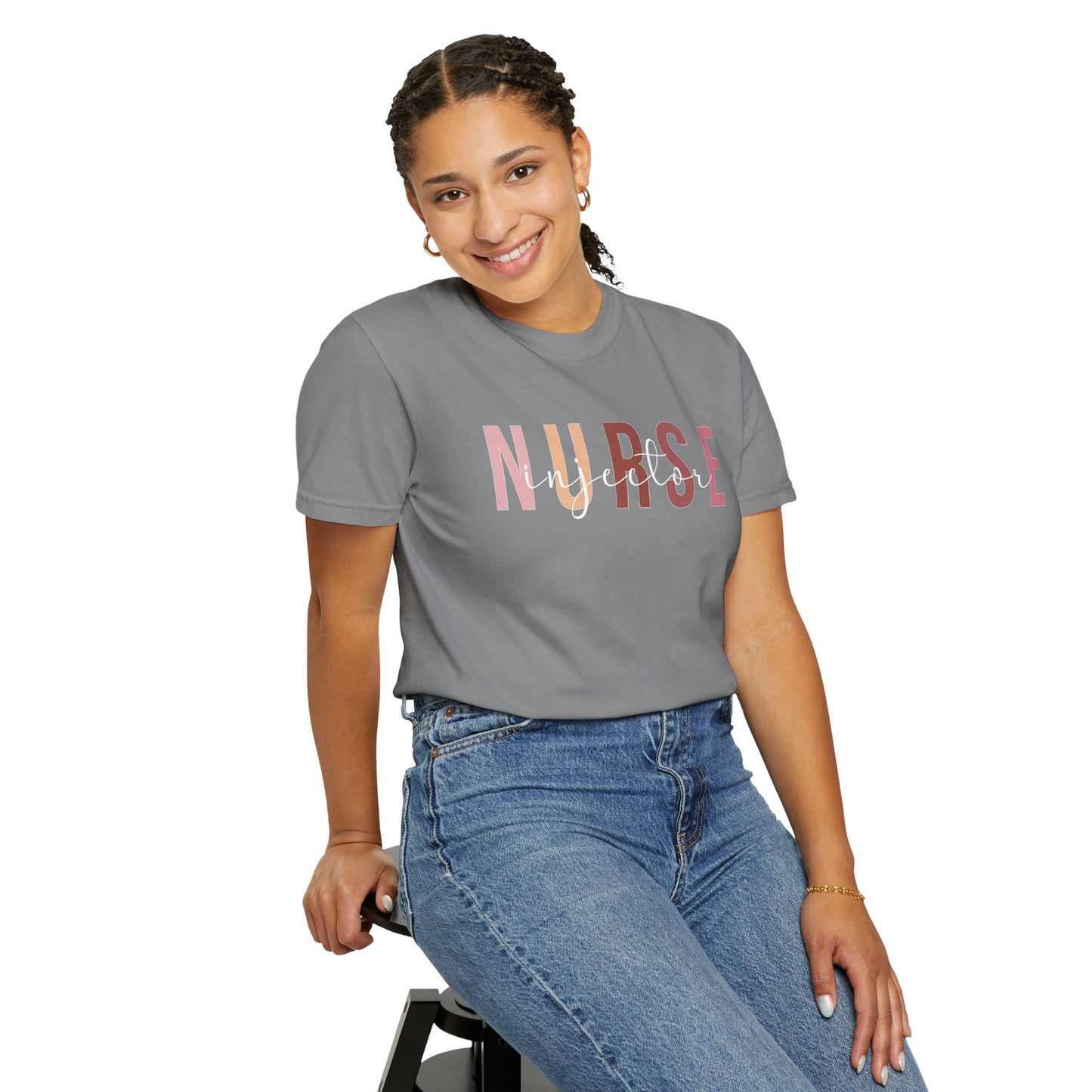 Nurse Injector Vibes Garment-Dyed T-Shirt — 'NURSE' Pastel Block & Script Design