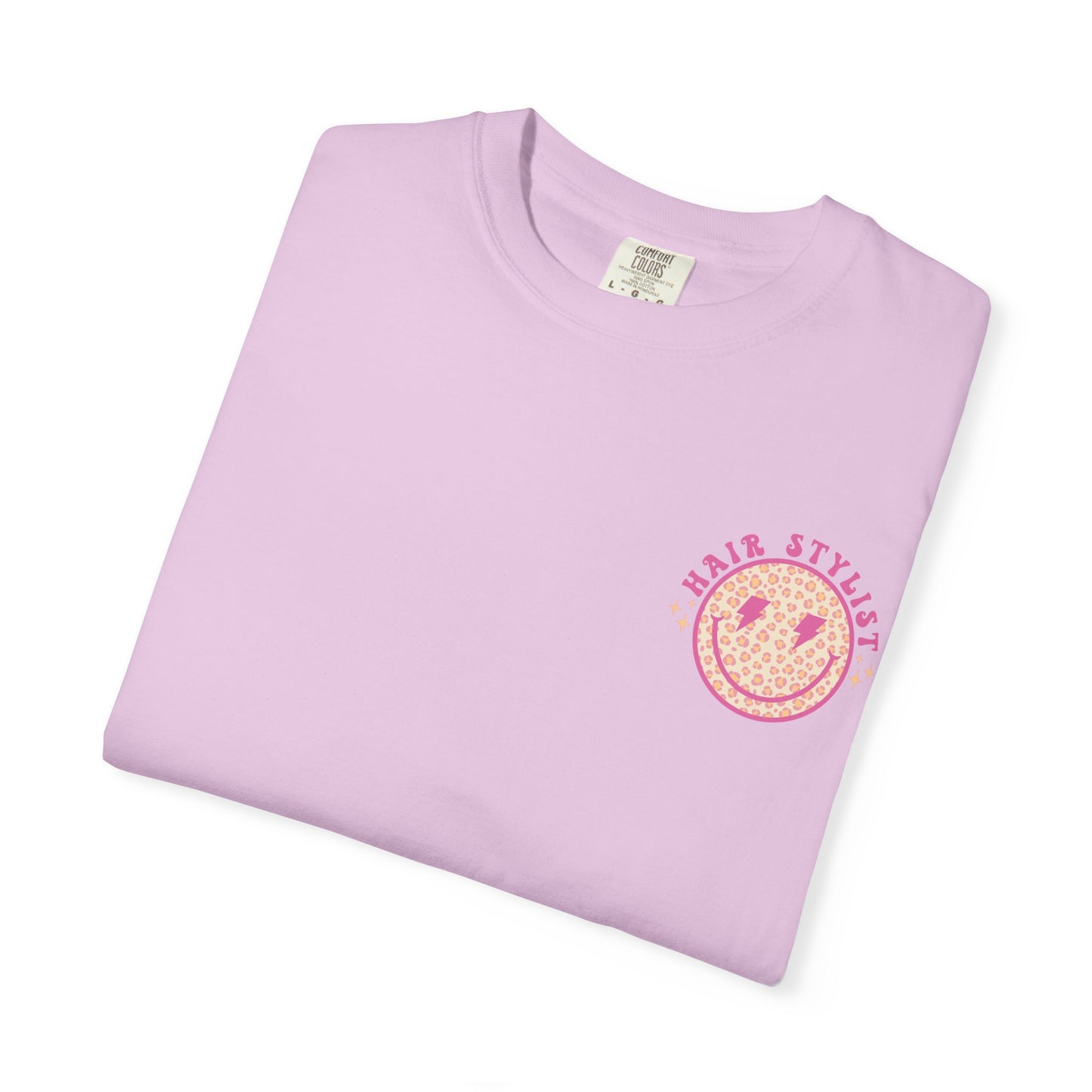 Hair Stylist Smiley T-Shirt — Pink Leopard Smiley Tee for Hairdressers