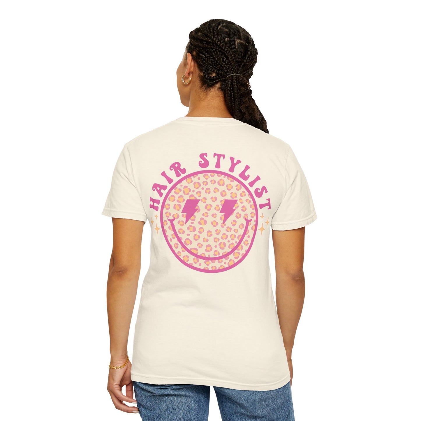 Hair Stylist Smiley T-Shirt — Pink Leopard Smiley Tee for Hairdressers