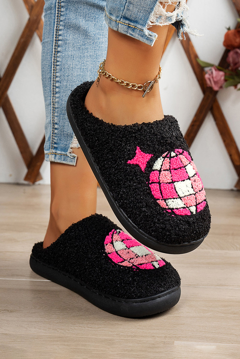 White Disco Ball Print Fuzzy Winter House Slippers