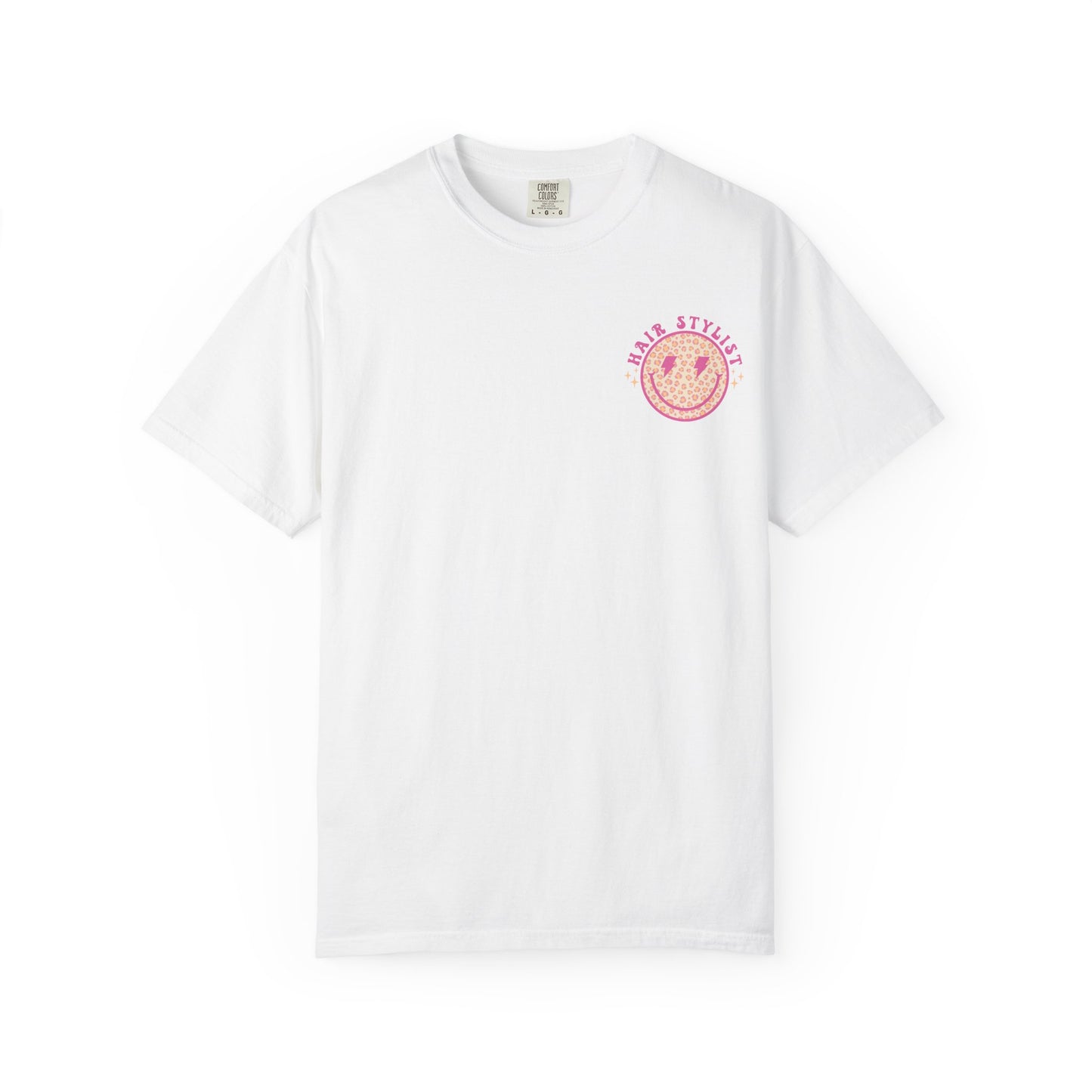 Hair Stylist Smiley T-Shirt — Pink Leopard Smiley Tee for Hairdressers