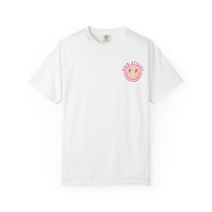 Hair Stylist Smiley T-Shirt — Pink Leopard Smiley Tee for Hairdressers