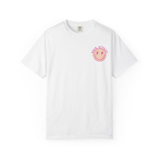 Hair Stylist Smiley T-Shirt — Pink Leopard Smiley Tee for Hairdressers