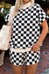 Pink Checkered Print Color Block Trim Mock Neck Short Set