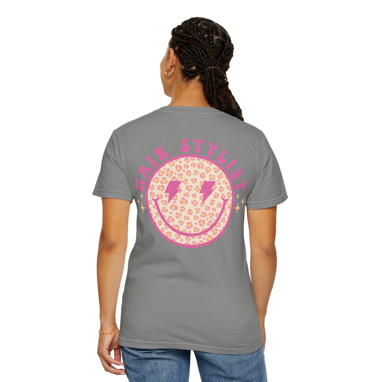 Hair Stylist Smiley T-Shirt — Pink Leopard Smiley Tee for Hairdressers