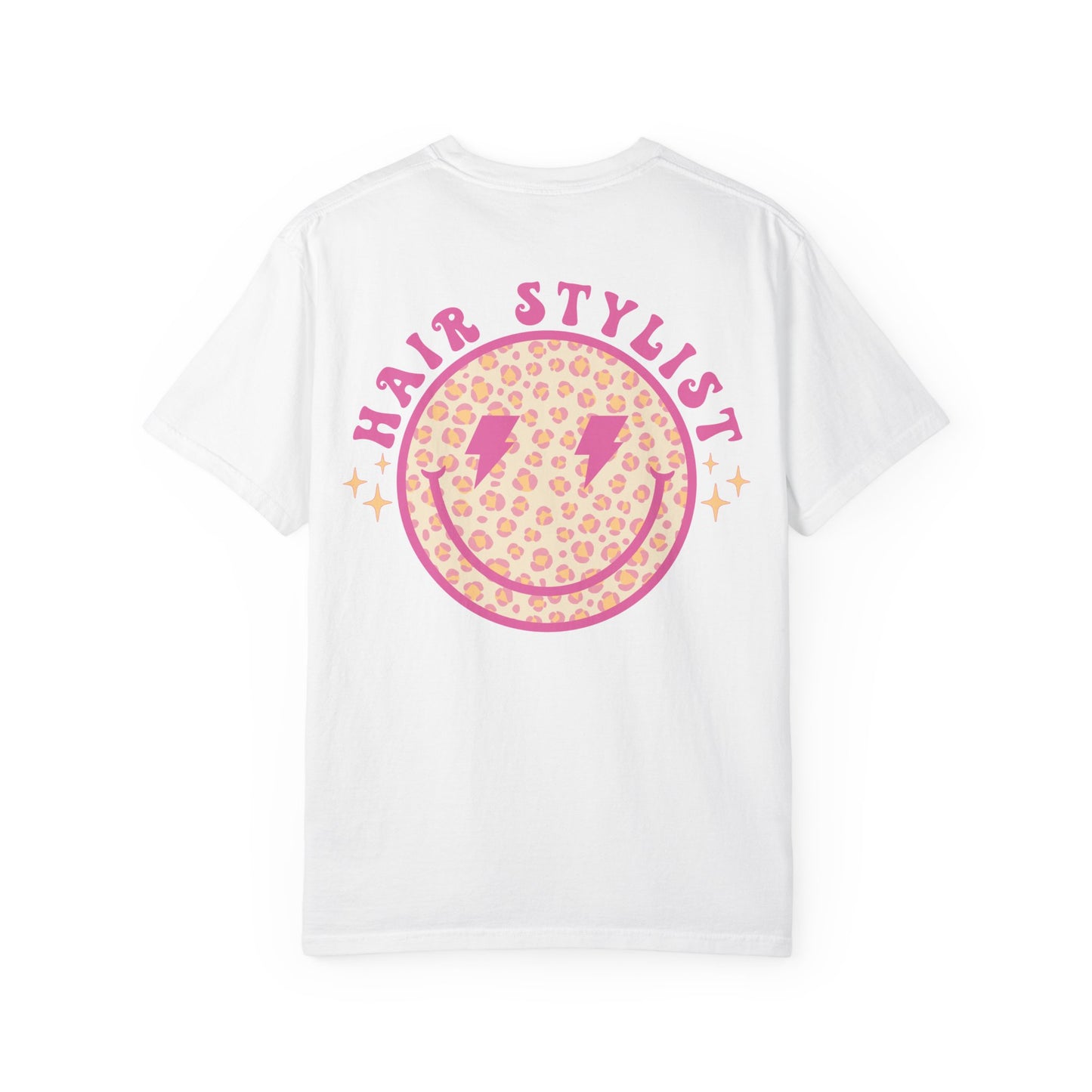 Hair Stylist Smiley T-Shirt — Pink Leopard Smiley Tee for Hairdressers