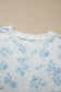 Sky Blue Floral Print Striped Detail Long Sleeve Top Ruffle Hem Shorts 2pcs Set