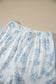 Sky Blue Floral Print Striped Detail Long Sleeve Top Ruffle Hem Shorts 2pcs Set