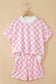 Pink Checkered Print Color Block Trim Mock Neck Short Set