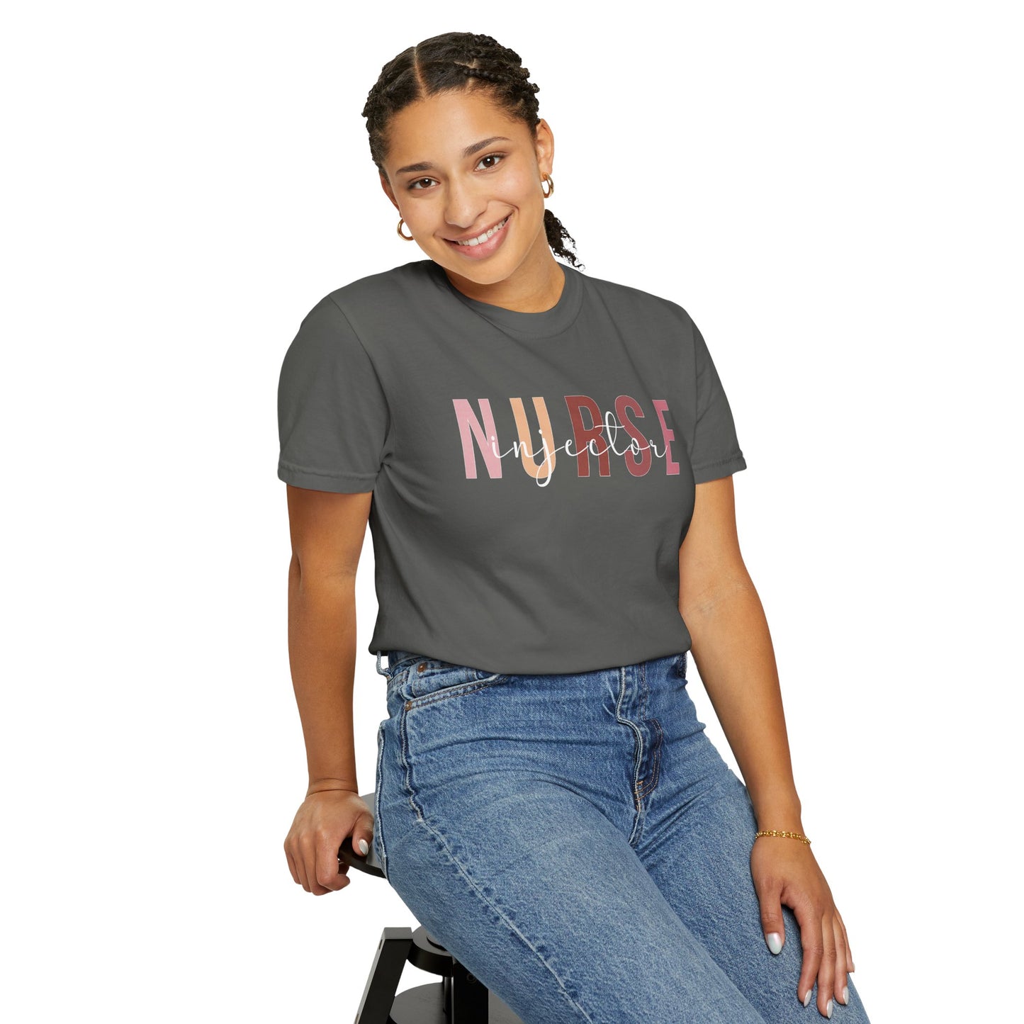 Nurse Injector Vibes Garment-Dyed T-Shirt — 'NURSE' Pastel Block & Script Design