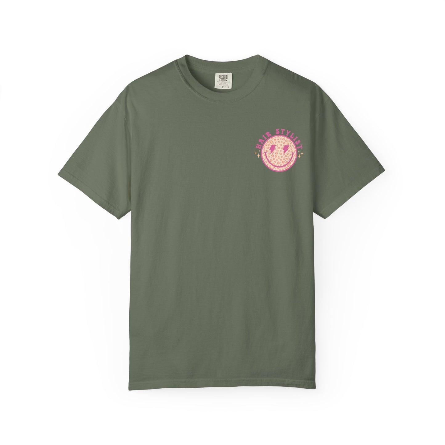 Hair Stylist Smiley T-Shirt — Pink Leopard Smiley Tee for Hairdressers