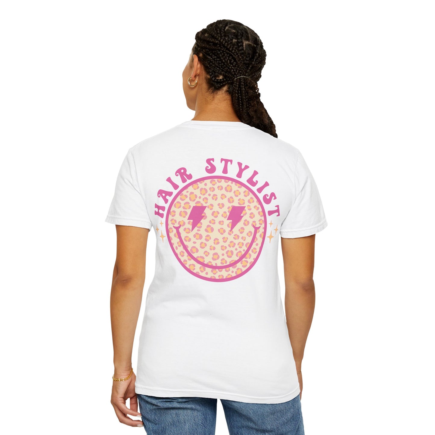 Hair Stylist Smiley T-Shirt — Pink Leopard Smiley Tee for Hairdressers