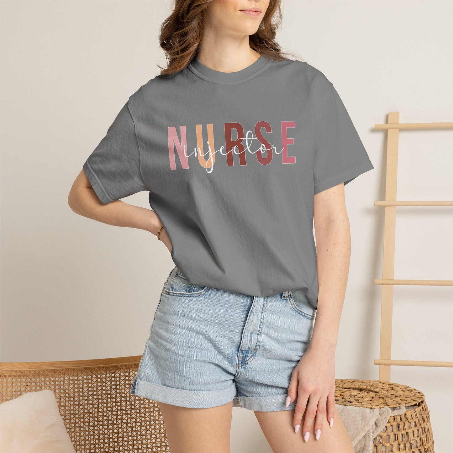 Nurse Injector Vibes Garment-Dyed T-Shirt — 'NURSE' Pastel Block & Script Design