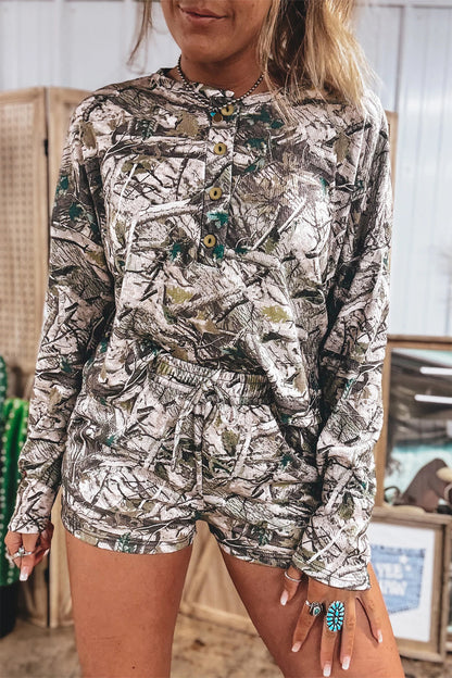 Brown Camo Long Sleeve Top Elastic Waist Shorts Two Piece Set